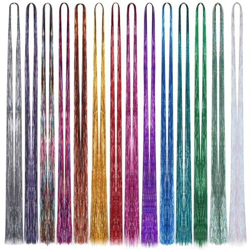Huiguli 14 Colori Extension Capelli Tinsel, 2100 Ciocche 48 Inches, Ciocche di Capelli con Glitter per Ragazze, Orpelli per Capelli Colorati per Feste e Festival