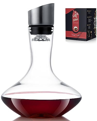 Decantador de vino, decantador de vino tinto, decantador con aireador integrado, 100% vidrio soplado a mano sin plomo con tapa de acero inoxidable, filtro, regalos de vino para hombres