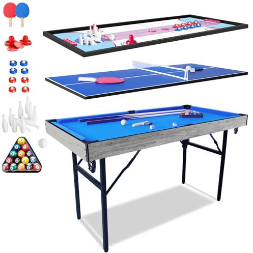 Multi Game Table, 54 Upgrade 5 in 1 Folding Sports Arcade Games with Accessories,Ping Pong,Pool Billiard,Shuffleboard,Bowling,Hockey Combo Game Set for Family Game Table,Indoor and Outdoor