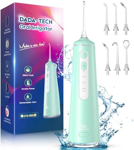 Idropulsore Dentale Portatile, Water Flosser Irrigatore Dentale Professionale con 4 Modalità & 8 Livelli Regolabili 7 Ugelli e Serbatoio da 300ML Idrogetto Orale per Pulizia Denti (Verde)