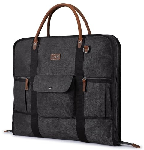 S-ZONE Hombre Bolsa de Ropa Bolsa de Traje Bolsa de Lona con Adornos de Cuero Genuino para Viajes Breves Descansos Almacenamiento de Viajes de Negocios