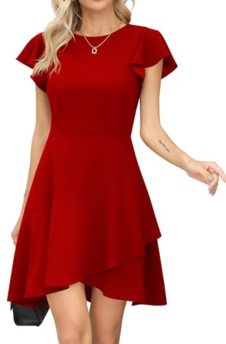 Missufe Vestido de cóctel de mujer con mangas anchas y volantes, escote redondo, vestido de fiesta, de línea A, vestido de noche, vestido skater corto, rojo, L