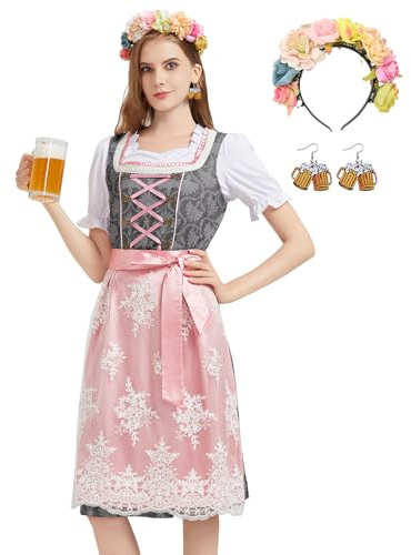 Hislovy Vestito Oktoberfest Donna, Oktoberfest Costume Dirndl Bavarese Tirolese per la festa di Carnevale(Grigio, XL)