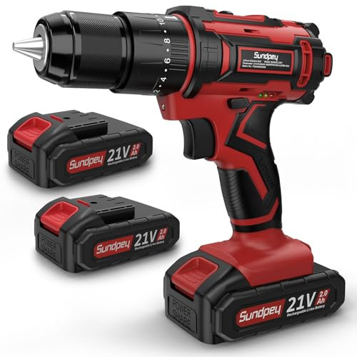 Sundpey Taladro Percutor a Bateria - 21V Atornillador Electrico con 2x2.0Ah Baterias, 45Nm Max Taladro Atornillador Batería Inalámbrico, 25+3 Ajuste de Par, 2 Velocidad, 10mm Portabrocas Metálica, LED