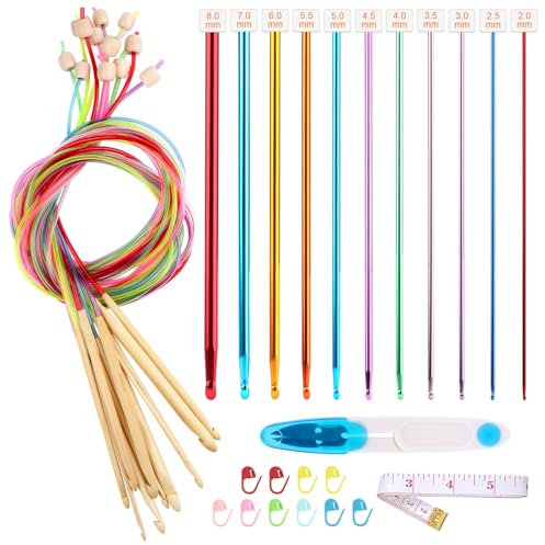 NVIYAM 11PC Tunesische Häkelnadeln Set, 12 PC Tunesische Häkelnadel mit Seil, Afghan Häkelnadeln Perfekt, Tunesisch Häkelnadel Tunesisch Lange Häkelnadel für Anfänger, für Schals, Pullover, Teppich