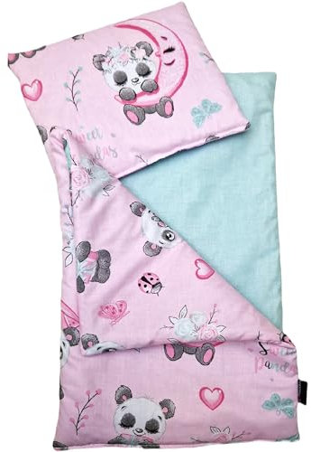 PinkZebra 3-teilig Puppenbettwäsche für Puppenbett, Decke + Kissen + Matratze, Puppenbettzeug mit Matratze, Bettwäsche aus Baumwolle für Puppen bis 48 cm, Pandabär Rosa