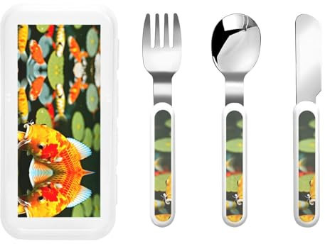 Japanese Pretty Koi Fish 3 Piece Set for Camping Stainless Steel Flatware, Spoon, Fork, Knife, Ideal for Outdoor