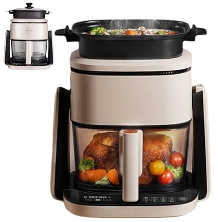 2-in-1 Glass Air Fryer Oven, 1100W Compact Air Fryer with 360° Flip, 4L Basket & 1L Fry Pan, Air Fry, Roast, Recrisp, Keep Warm, Rotisserie, Space Saving Design for Small Kitchens
