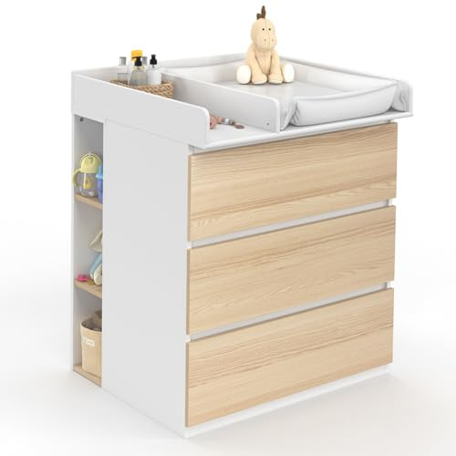 IDMarket - Cassettiera AMBRE, finitura faggio e bianco 3 cassetti, fasciatoio e 2 ripiani estraibili