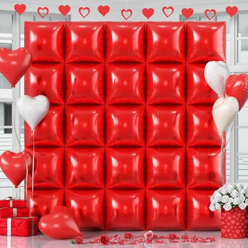 Red Square Foil Balloons Wall, 25PCS Double Sided Metallic Red Foil Balloons Backdrop Tunnel Arch Kit Background Decorations for Birthdays Wedding Bridal Baby Shower Valentines Anniversary Mother Day