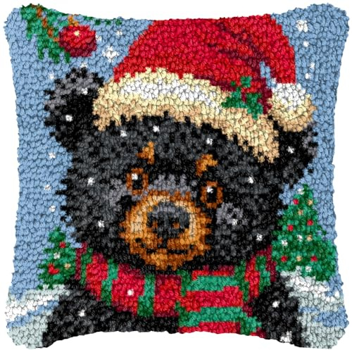 ZUHK 3D DIY Latch Hook Kits -17x17 Inch with Colorful Printed Canvas,Beginners Animals Latch Hook Pillow Kit,fit for Christmas, Halloween,Home Sofa Decoration (P Bear)