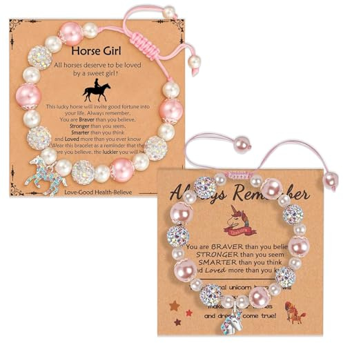 MLPKOI 2 st barnarmband för flickor, rosa pärla och CZ bollar, justerbar med hästberlocker och enhörningsberlock flickarmband, födelsedagspresenter för flicka, barnbarn, dotter, julklappar