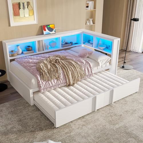 Kebnor Letto giornaliero in metallo, 90 x 200 cm, con letto estraibile, armadi, illuminazione a LED e porte USB (bianco)