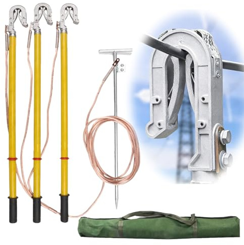 ZJKXJH Varilla de Puesta a Tierra de Alto Voltaje Kit de Puesta A Tierra de Seguridad Eléctrica con Abrazadera de Doble Lengüeta Y Mango Aislado(Pole 1.6ft/0.5m,Wire 7m/23ft)