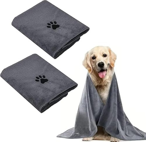 ZOVRIXIA 2 PCS Microfibre Dog Towel, 75 X 35 CM Super Absorbent | Soft Dog Towels For Drying Dogs, Lightweight Bath Dog Drying Towel For Puppies, Cats And Other Pets Bath, Rain, Travel, Grey