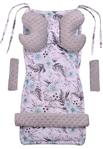 Medi Partners Sitzauflage Kinderwagen Buggy Baby Sommer Kindersitz Einlage Universal - 5tgl Gurtpolster + Spielbogen Kinderwagenset Babyschale (Blument mit grauen Minky)