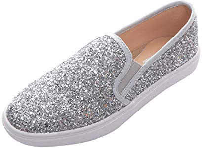 FEVERSOLE Women's Fashion Slip-On Sneaker Casual Flat Loafers Silver Pure Size 7.5 M US