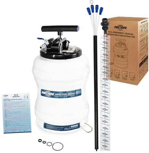 FIRSTINFO A1107EUY5 Oljeutdragare 10,5L 3:e Generation – Pneumatisk & Manuell Oljesug med Manometer – 5 Slangar inkl. 130 cm Extra Tunn Sugslang – Tillverkad i Taiwan