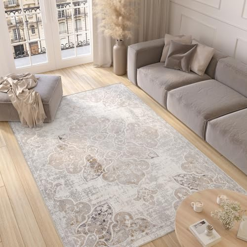TAPISO Valley Teppich Kurzflor Weiß Grau Vintage Blumen Used Effekt Meliert Verwischt Wohnzimmer Schlafzimmer ÖKO-TEX 80 x 150 cm