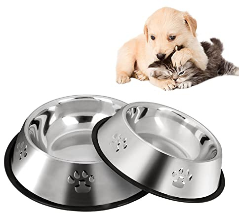 YUDANSI 2PC Paw Prints Stainless Steel Dog Bowls, 350ml Dog Feeding Bowls, Cat Plate Bowls with Rubber Bases, Small, Medium and Large Pet Feeder Bowls and Water Bowls