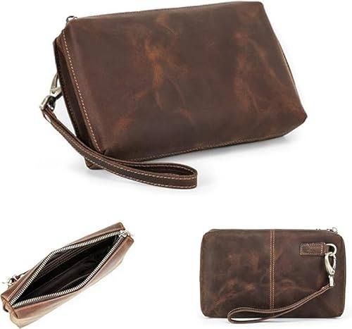 CONTACTS Bolso de mano de cuero genuino para hombre con correa de muñeca, cartera de pasaporte con cremallera y bolsillo con cremallera, bolsa de mano de gran capacidad para hombre vintage