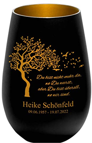 Trauerlicht - Du bist Nicht mehr da, wo Du warst, Aber Du bist überall, wo wir sind - schwarz/Gold - Gravur Namen und Datum - Gedenklicht Erinnerungslicht Grablicht Trauergeschenk