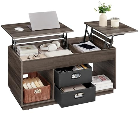 VASAGLE Coffee Table, Lift Top Coffee Table with 2 Drawers and Hidden Compartments, Centre Table with Lift Tabletop, Open Compartments, for Living Room, Home Office, Ash Brown LCT210K02