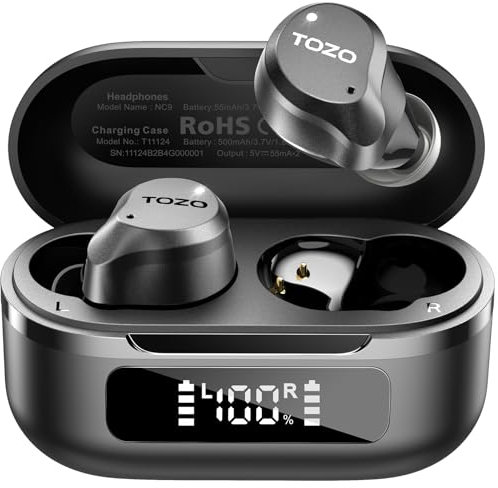 TOZO Hybrid Active Noise Cancelling Earbuds, 45dB ANC Wireless Earbuds, 6-Mic ENC for Clear Calls, Deep Bass, 59H Playtime, IPX8 Waterproof, Bluetooth 5.3 Ear Buds with App for Custom EQ