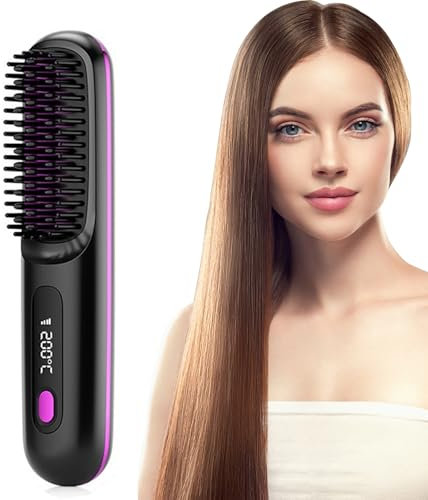 Xumann Cordless Hair Styler Straightener Brush, Portable 3 Temperature Adjustable 2 in 1 Hot Comb Brush for Women