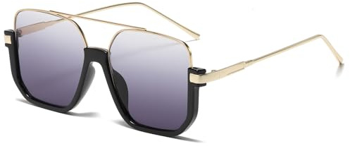 Long Keeper Gafas de Sol Piloto Moda para Mujer Hombre Gafas de Sol Cuadradas Grandes Retro Gafas de Piloto Metal Clasicas Protección UV400, 60MM (Montura Oro Negro - Lente Gris Degradado)