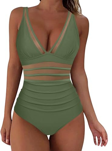 Mrat Womens Swimsuit Sexy Mesh Swimming Costume One Piece Swimwear Tummy Control Swimsuits V Neck Padded Push Up Slimming Monokinis High Waisted Sleeveless Swimsuit Ladies Retro Bathing Suits