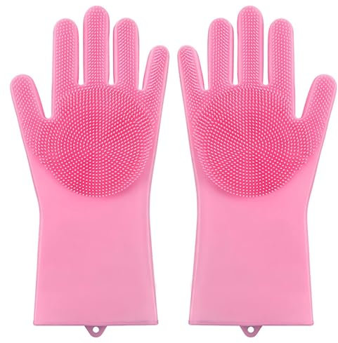 ZIHDKE Rengöringshandskar silikon rengöringshandskar 3 delar kök vattentät hög temperaturbeständighet mot skållning diskrengöring grönsaker frukt för matlagning (Pink)