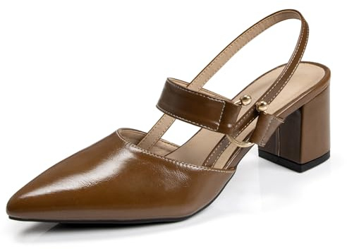 qibusleen Pointed Sling Back Block Heels Robe à lanières Talons épais Chaussures pour femme Bout fermé 2 pouces Talon bas Confortable Fête Slip on Mules Escarpins, Marron PU, 43 EU