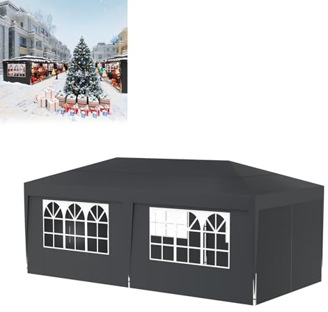 LZQ paviljong 3 x 6 hopfällbar paviljong med 6 sidoväggar, vattentätt vikält, utomhuspaviljong med UV-skydd, justerbar höjd, inklusive förvaringsväska och golvtillbehör, antracit