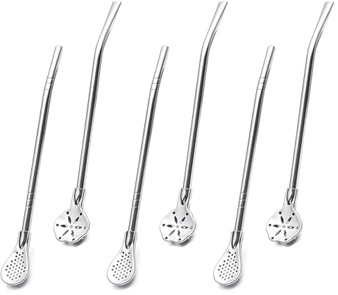 WOUYTPE 6 Pièces Cuillère Paille Inox, Paille Metal, Paille Reutilisable,Convient pour le Jus, le Café, le Thé, Etc., avec Brosse de Nettoyage, Réutilisable (Cuillère en Forme de Fleur)
