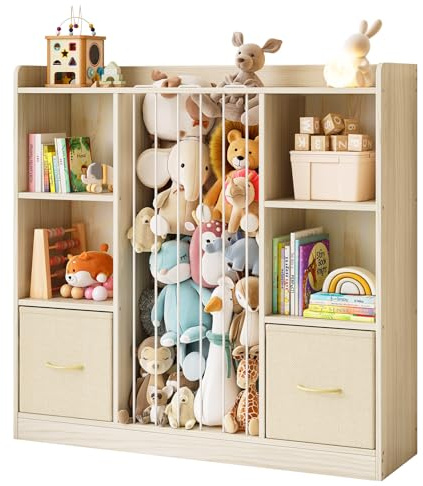 EXPERLAM Toy Storage Organizer with Stuffed Animal Storage, Wooden Toy Organizer & Stuffed Animal Zoo, 6 Cubes Shelf with Removable Drawers, 4 -in-1 Book Shelf for Kids Room, Playroom, Nursery