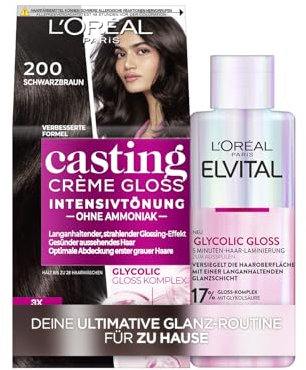 L'Oréal Paris Haar-Glanz Routine: Elvital Glycolic Gloss und L'Oréal Paris Casting Crème Gloss Haarfarbe, Nr. 200 Schwarzbraun (Braun), je 1x