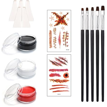 MUNSKT Halloween Peinture Visage Set - 3 Couleurs (Blanc, Noir, Rouge) avec 5 Pinceaux, 5 Éponges & 2 Autocollants Tatouage - Peinture à Base d'Eau pour Carnaval, Vampire, Halloween & Déguisements