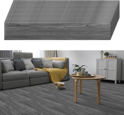 Eikuavons PVC-golvbeläggning självhäftande, 7,5 m²/54 plattor vinylgolv 91,44 x 15,24 cm tjocklek 2 mm, halkfri vattentät Easy Clean vinylkakel för sovrum, vardagsrum, mörkgrå
