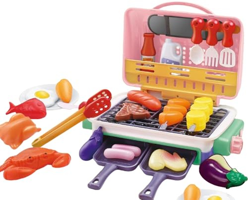 Kids BBQ Grill Toy Set, 29PCS Play Kitchen Cooking Set with Spray Sound & Color Changing Food, Pretend Barbecue Kitchen Accessories, Cooking Toys Gift for Toddlers Girls Boys Christmas (Pink)