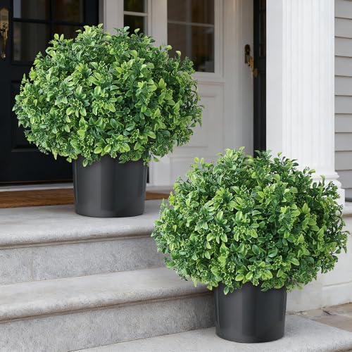 Set of 2 Artificial Boxwood Topiary Ball Trees for Front Door - Realistic Faux Aglaia Odorata Bush with Pot, Fake Eucalyptus Leaves Potted Plants for Porch Farmhouse Outdoor Decor (Green)