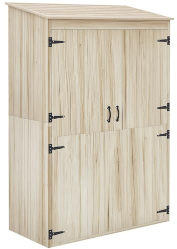 Outsunny Armoire de Jardin en Bois avec 2 Portes magnétiques, 2 étagères et Compartiment Droit spacieux, Armoire de Rangement à Toit incliné 120 x 57 x 183 cm Bois Naturel