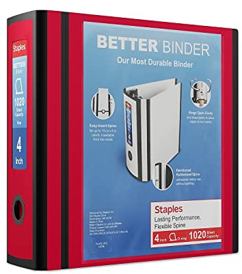 Staples Better Binder, 4 D‑Ring 3‑Ring View Binder, Red, Reinforced Spine, High‑Capacity Binder for School, Office & Home Use