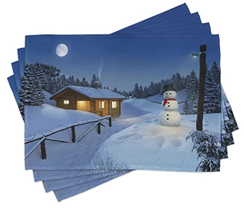 ABAKUHAUS Weihnachten Platzmatten, Rustikale hölzerne Hütte, Waschbare Stoff Esszimmer Küche Tischdekorations Digitaldruck, Nachtblau Weiß