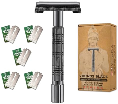 VIKINGS BLADE Safety Razor for Women + 5 Swedish Steel Blades. Quick Release Head, Double Edge. Smooth, Reusable, Recyclable (Model: Athena)