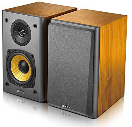 Edifier R1000T4 Active Bookshelf Speakers 2.0, 24W RMS, 4″ Mid-Bass & 0.5″ Tweeters, Dual RCA & 3.5 mm AUX Inputs, Tone & Volume Knobs, Pair, Wood Grain