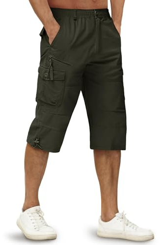 TACVASEN Three Quarter Shorts for Men with Pockets Summer Cropped Pants Cargo Workwear Long Shorts with Elasticated Waist Army Green