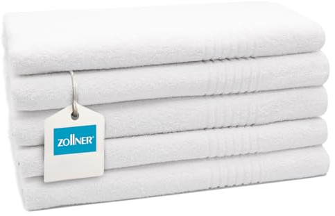ZOLLNER Lot de 5 Serviettes de Sauna 70x180 cm - Serviettes Blanches très absorbantes - avec Crochet Pratique - avec Bordure rayée - lavables jusqu'à 95 °C - Coton - qualité hôtelière
