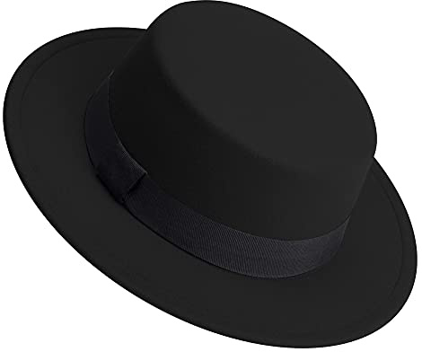 Brett brätte Fedora-hattar för kvinnor och män klassisk filt panama-hatt herr tvåfärgad klänning hatt med bältesspänne, Svart, M