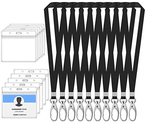 10 Sets Porta Tarjetas & Correa Cuello, Funda para Tarjeta Identificativas con Cordón, Impermeable Titular de la Insignia con Cordones para Oficina, Escuelas (Negro)